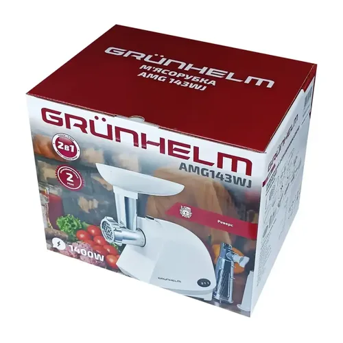 Мясорубка электрическая GRUNHELM AMG143W 1400 Вт, 2 решетки, насадка для колбас и кеббе, реверс, производительность 1,7 кг, - PRORAB image-2