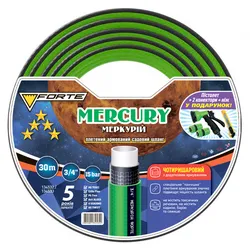 Шланг Меркурій(MERCURY)-- 3/4, 30м, чотиришаровий, спец. " панчішне" армування , 5 років гарантія, макс. тиск - 15атм.,+ пістолет, 2 конектори для шлангу та адаптер для крану  у подарунок, вага 6 кг,(FORTE) - PRORAB image-1