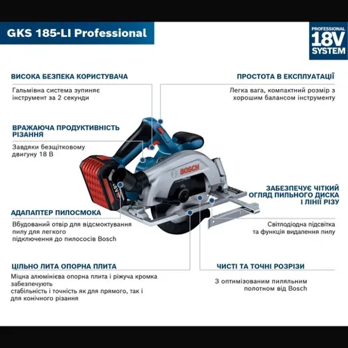 Акумуляторна дискова пила Bosch Professional GKS 185-LI (18 В, без АКБ, 165 мм) (06016C1221) - PRORAB image-9