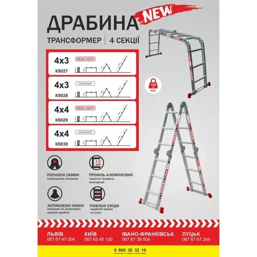 Драбина-трансформер алюмінієва Квітка PRO HD (4х4 сходинки) (110-9604) - PRORAB image-10