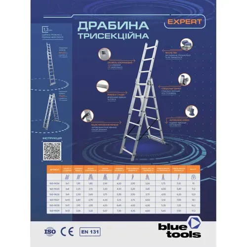 Драбина алюмінієва 3-х секційна BLUETOOLS Expert (3х7 сходинок) (160-9024) - PRORAB image-4