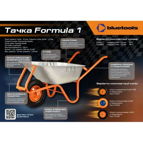 Тачка будівельна BLUETOOLS Formula 1 Standard (90 л, 180 кг, ПК) (220-4003) - PRORAB image-1