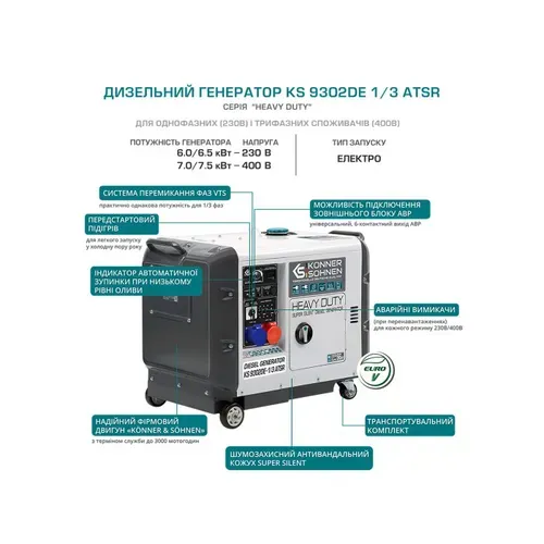 Дизельний генератор Könner&Söhnen KS 9302DE-1/3 ATSR (7.5 кВт, 230/400 В) - PRORAB