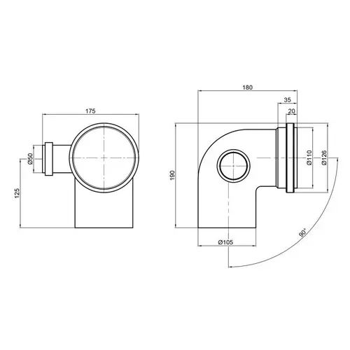 Колено канализационное с отводом TA Sewage 50х110х110, 90° (в лево) - PRORAB image-1