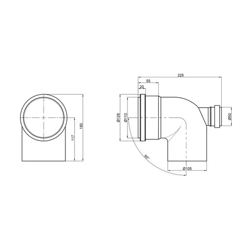 Колено канализационное с отводом TA Sewage 50х110х110, 90° (назад) - PRORAB image-1