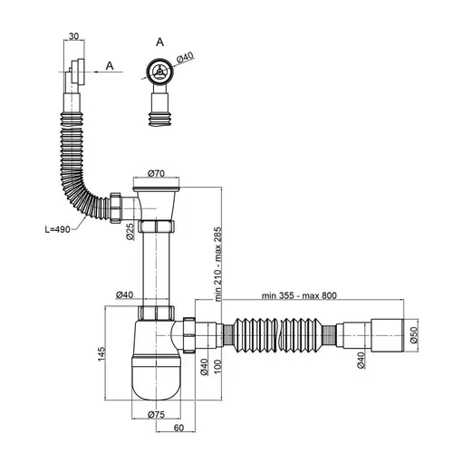 Сифон для раковины Lidz (WHI) 60 08 E004 00 с круглым переливом (выход 50 мм) - PRORAB image-1