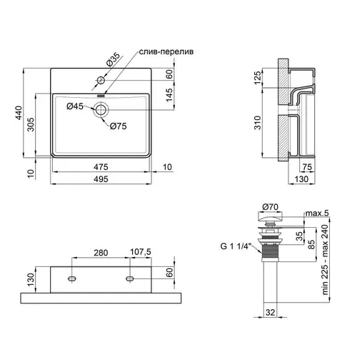 Раковина Qtap Nando LT 500х420х120 White с донным клапаном QT12112173SW - PRORAB image-1