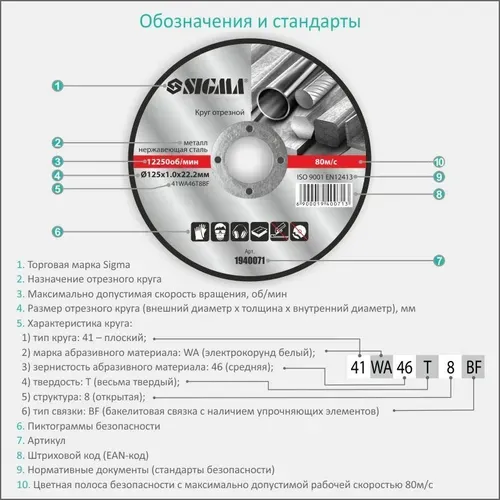 Круг отрезной по металлу и нержавеющей стали Ø115×1.0×22.2мм, 13300об/мин SIGMA (1940001) - PRORAB image-3