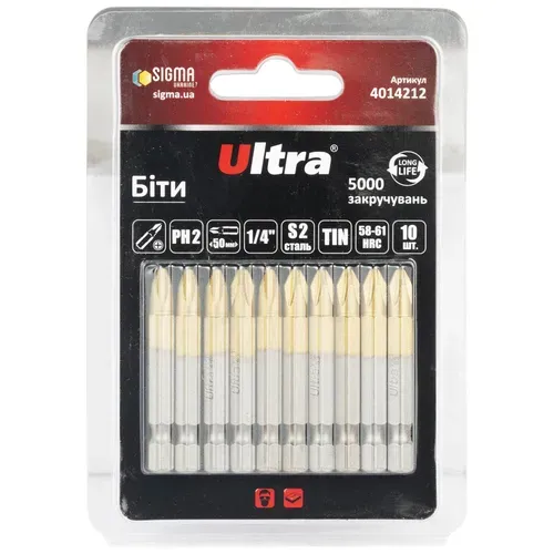 Биты PH2×50мм ¼" 10шт S2 TIN (блистер) ULTRA (4014212) - PRORAB