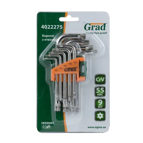 Набор ключей TORX 9шт T10-T50мм CrV (короткие с отверстием) GRAD 4022275 - PRORAB image-2