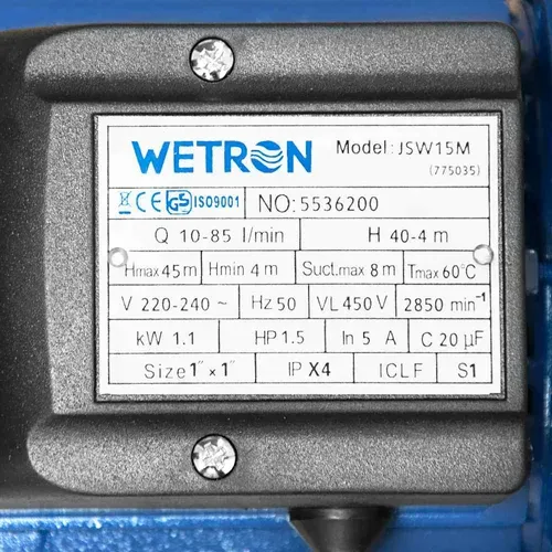 Насос центробежный самовсасывающий 1.1кВт Hmax 45м Qmax 85л/мин WETRON JSW15M (775035) - PRORAB image-7