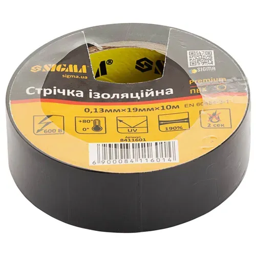 Изолента ПВХ (черная) 0.13мм×19мм×10м Premium SIGMA (8411601) - PRORAB