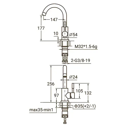 Смеситель KT Ø35 для раковины гусак изогнутый на гайке SS AQUATICA KT-1A270P (9722011) - PRORAB image-1