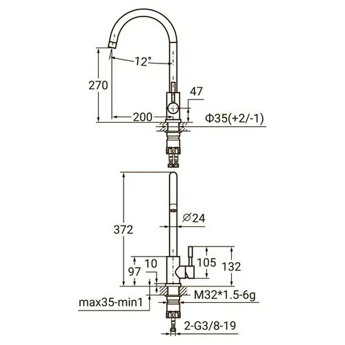 Смеситель KT Ø35 для кухни гусак ухо на гайке SS AQUATICA KT-4B170P (9722101) - PRORAB image-1