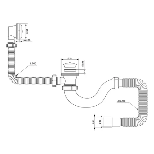 Сифон для ванни прямоточний з пробкою на ланцюжку і гнучким відведенням Ø40/50мм TAU (9843820) - PRORAB image-1