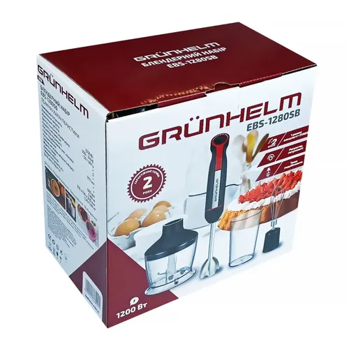 Блендерный набор GRUNHELM EBS-1280SB, 800-1200 Вт, 2 скорости с TURBO, чаша, стакан, венчик, металлическая насадка блендер, серый цвет - PRORAB image-4