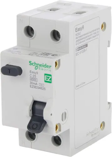 Дифференциальный автомат SCHNEIDER ELECTRIC 1р+N 25А 30мА С АС EZ9D34625 - PRORAB